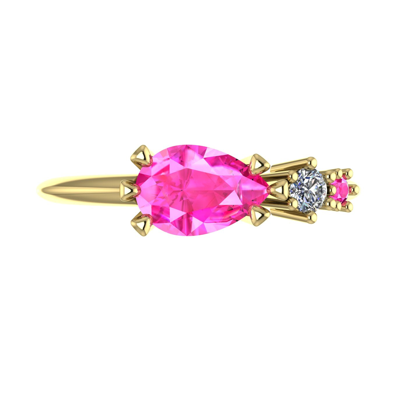 Pear Shaped Pink Sapphire's & Diamond Asymmetrical Comet Ring Yellow Gold