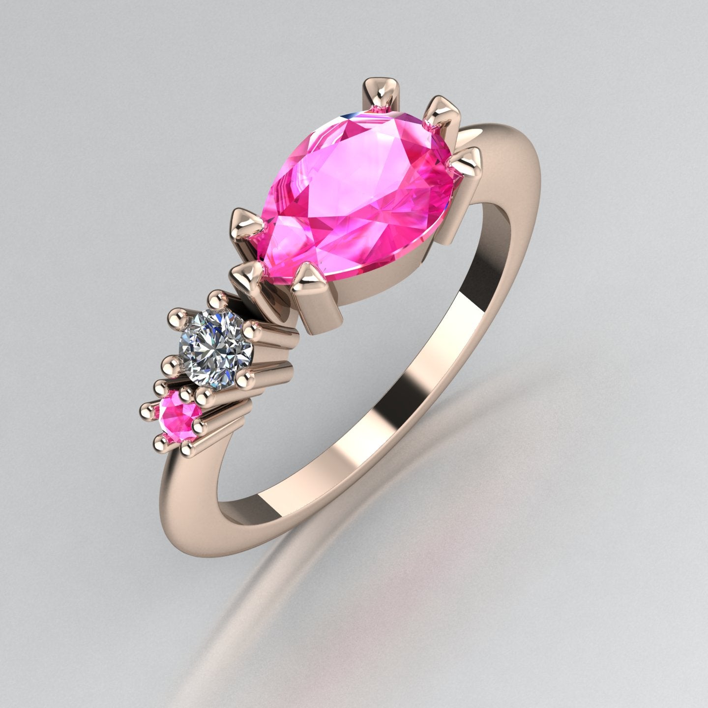 Pear Shaped Pink Sapphire's & Diamond Asymmetrical Comet Ring Rose Gold