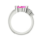 Comet Ring: Pear Shaped Pink Sapphire & Diamond Horizontally Set Trilogy Ring