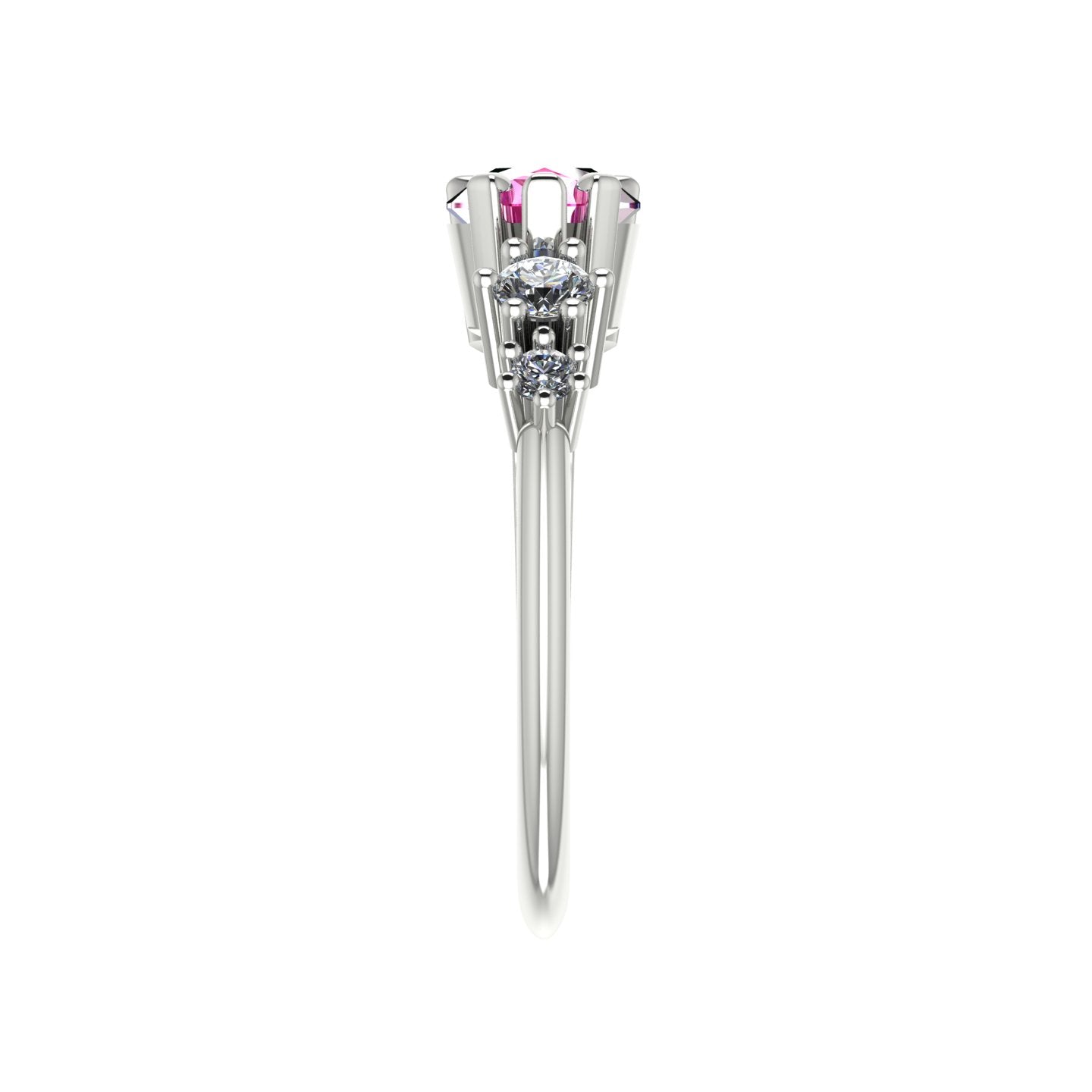 Comet Ring: Pear Shaped Pink Sapphire & Diamond Horizontally Set Trilogy Ring