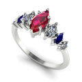 Harlequin Ruby, Diamond & Blue Sapphire Ring in White Gold or Platinum