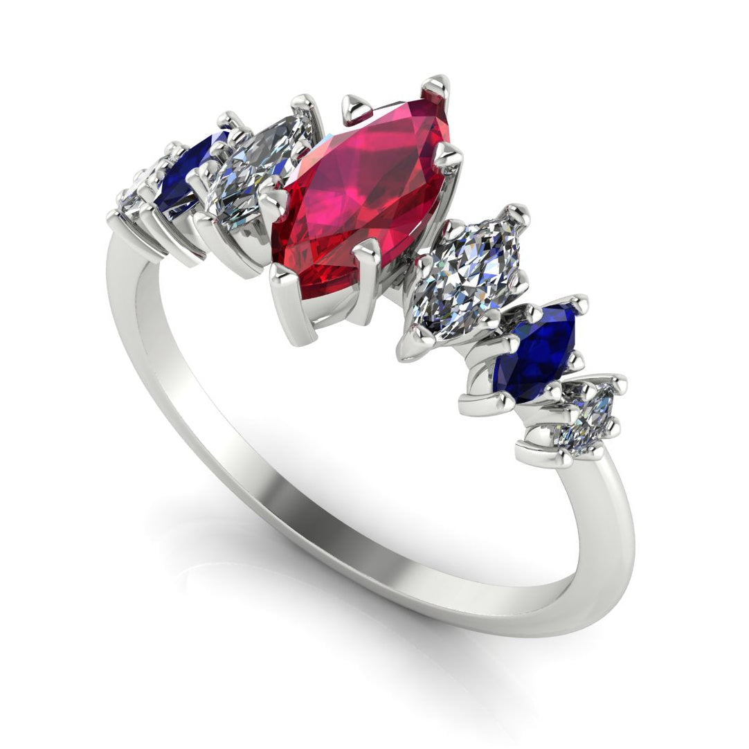 Harlequin Ruby, Diamond & Blue Sapphire Ring in White Gold or Platinum