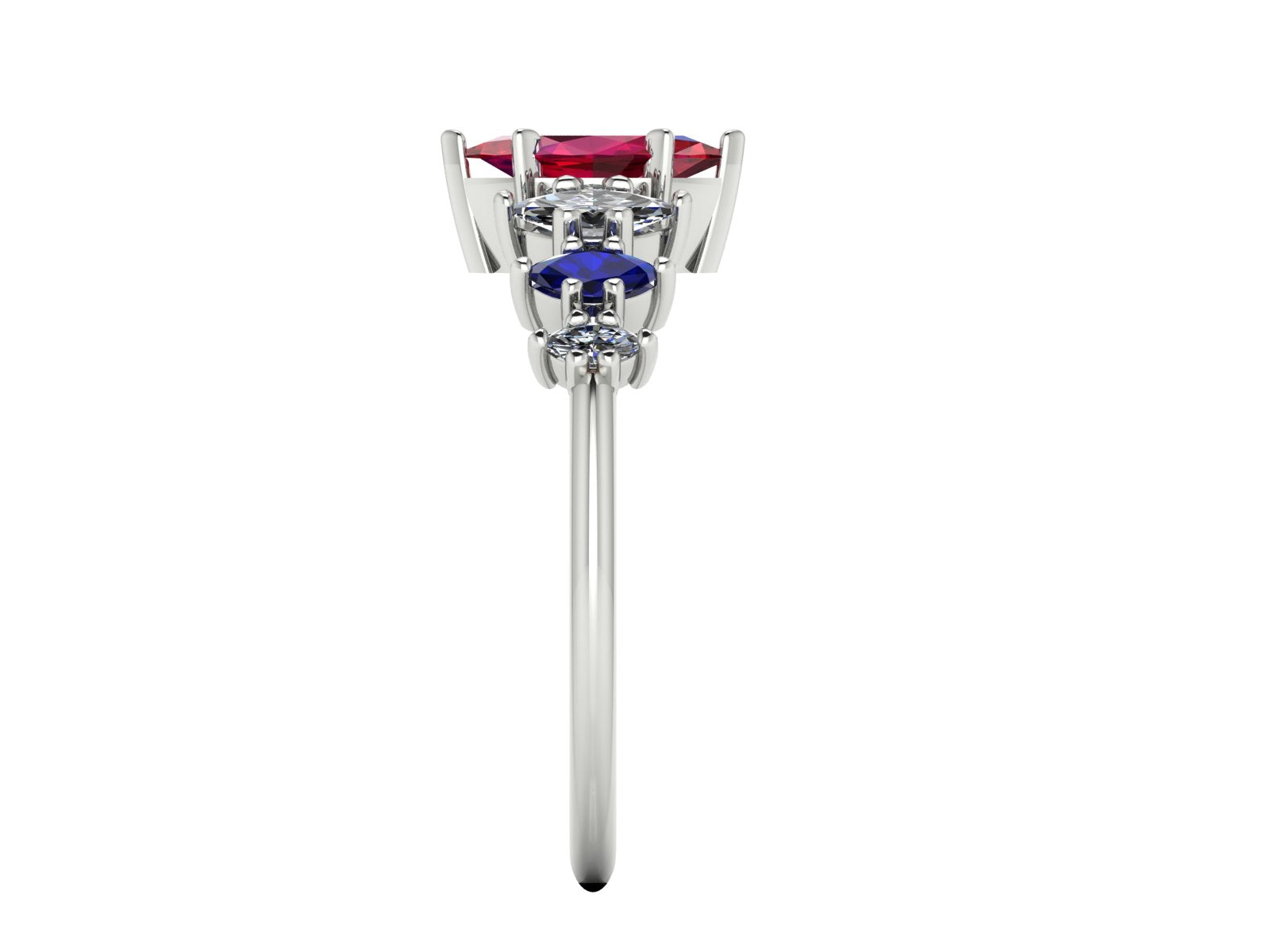 Harlequin Ruby, Diamond & Blue Sapphire Ring in White Gold or Platinum