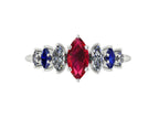 Harlequin Ruby, Diamond & Blue Sapphire Ring in White Gold or Platinum