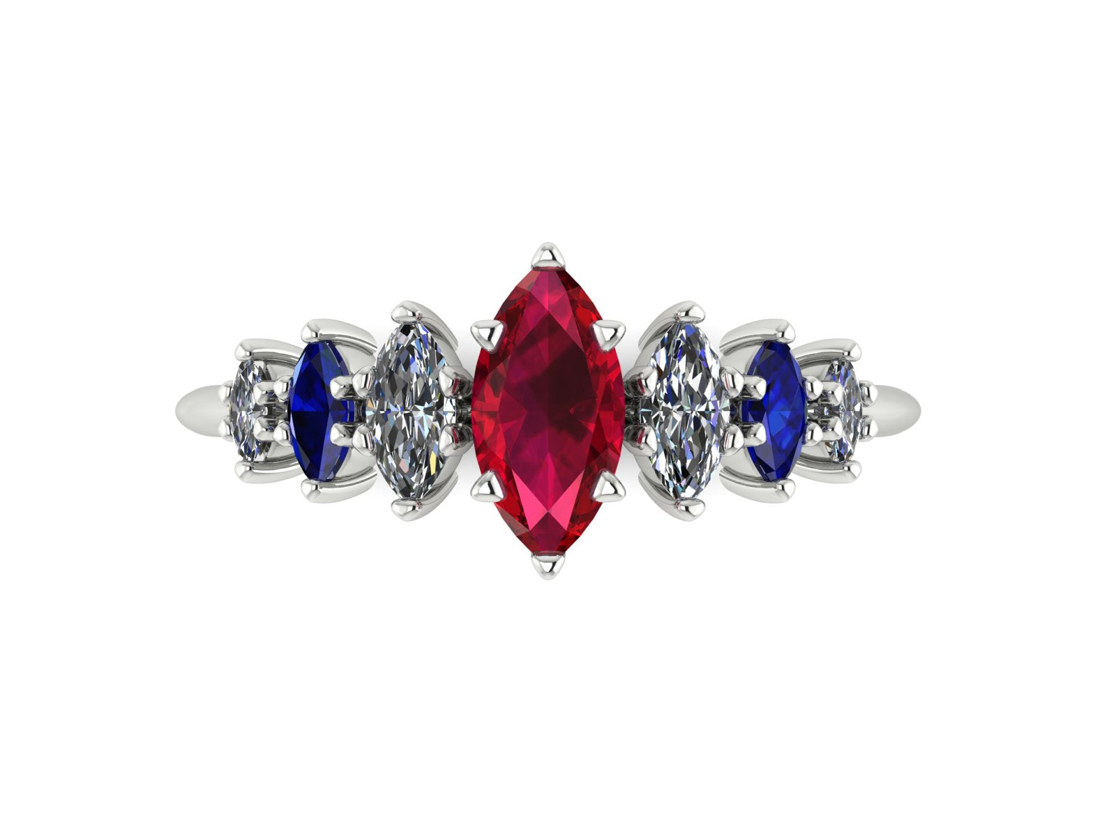 Harlequin Ruby, Diamond & Blue Sapphire Ring in White Gold or Platinum