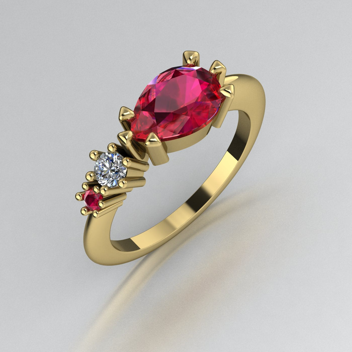Pear Shaped Rubies & Diamond Asymmetrical Comet Ring Yellow Gold