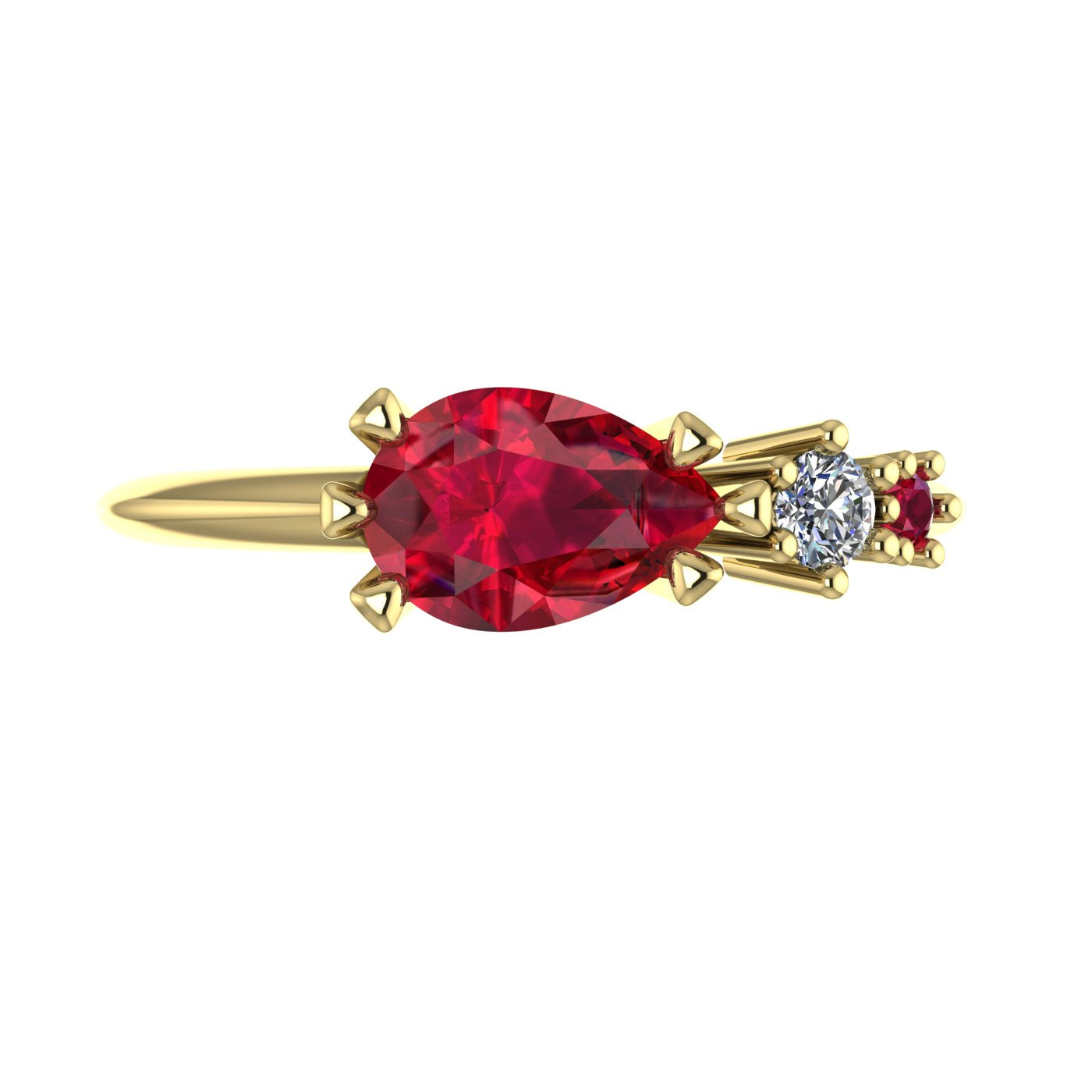 Pear Shaped Rubies & Diamond Asymmetrical Comet Ring Yellow Gold
