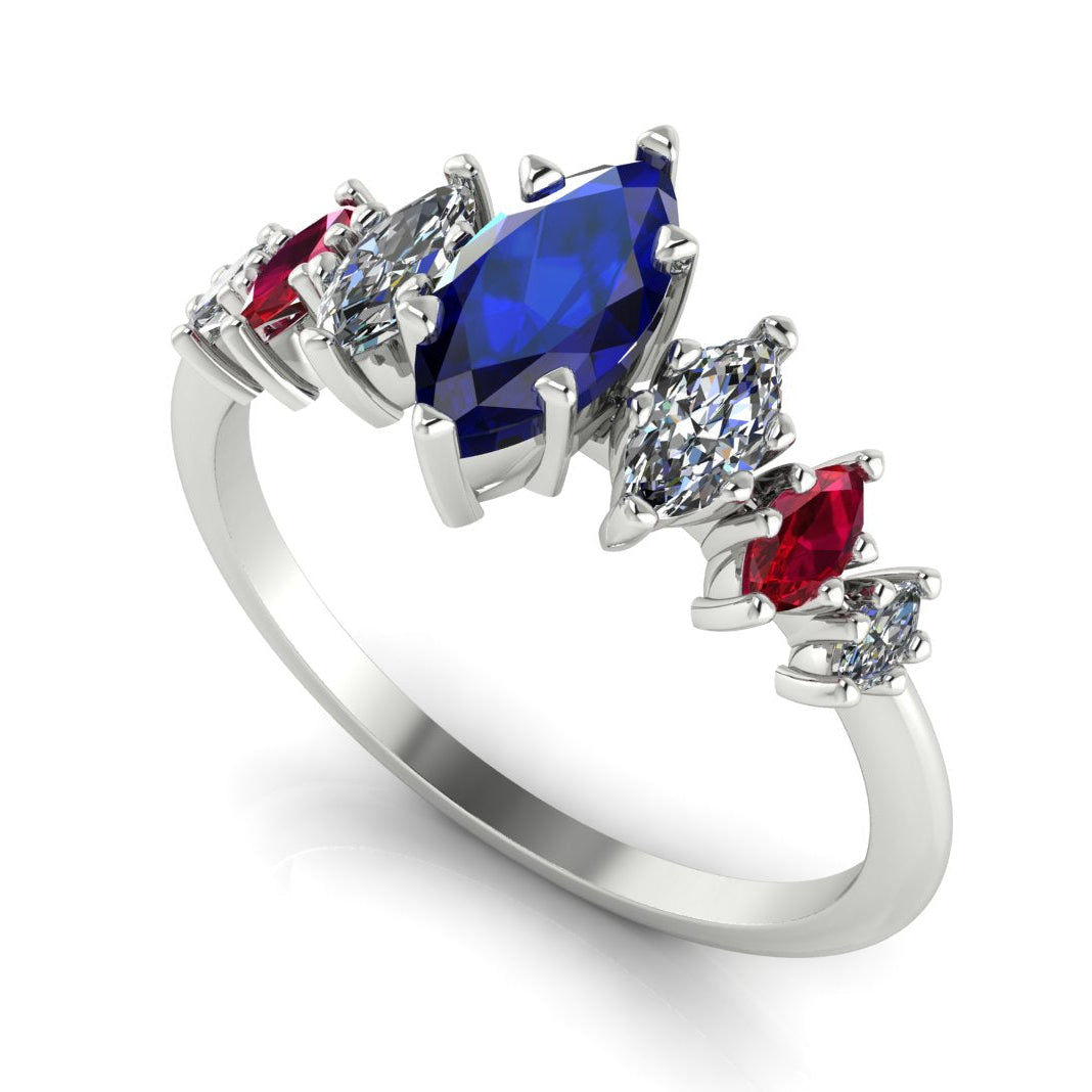 Harlequin Blue Sapphire, Diamond & Ruby Ring in 18ct White Gold