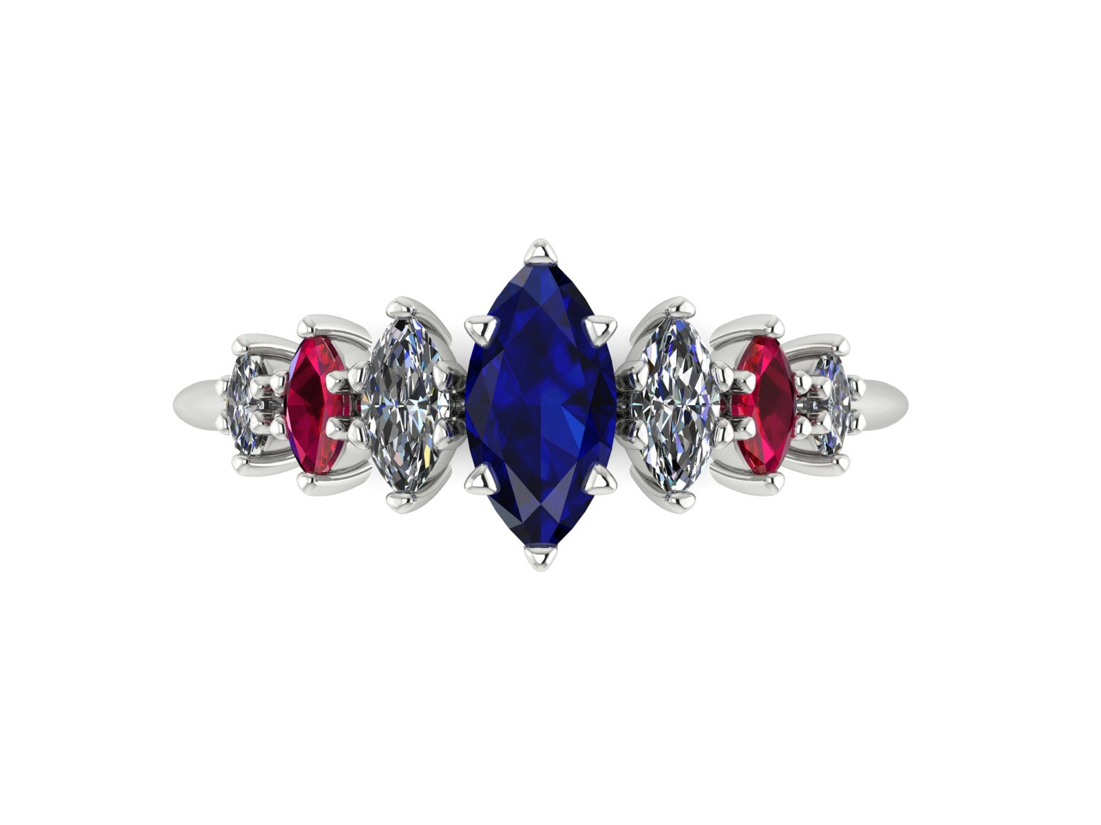 Harlequin Blue Sapphire, Diamond & Ruby Ring in 18ct White Gold