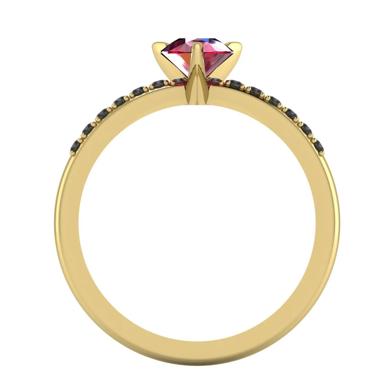 Through-finger view of the 18ct yellow gold ruby ring, showing the clean interior under-gallery and precise settings for the accent black diamonds.