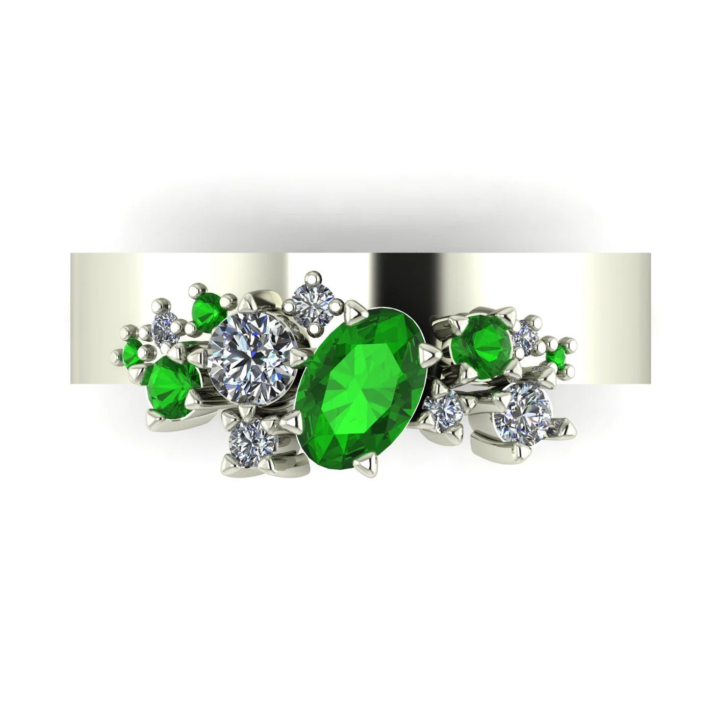 Top view of the Crystallised wide band ring showing oval tsavorite and scattered diamond cluster in 18ct white gold