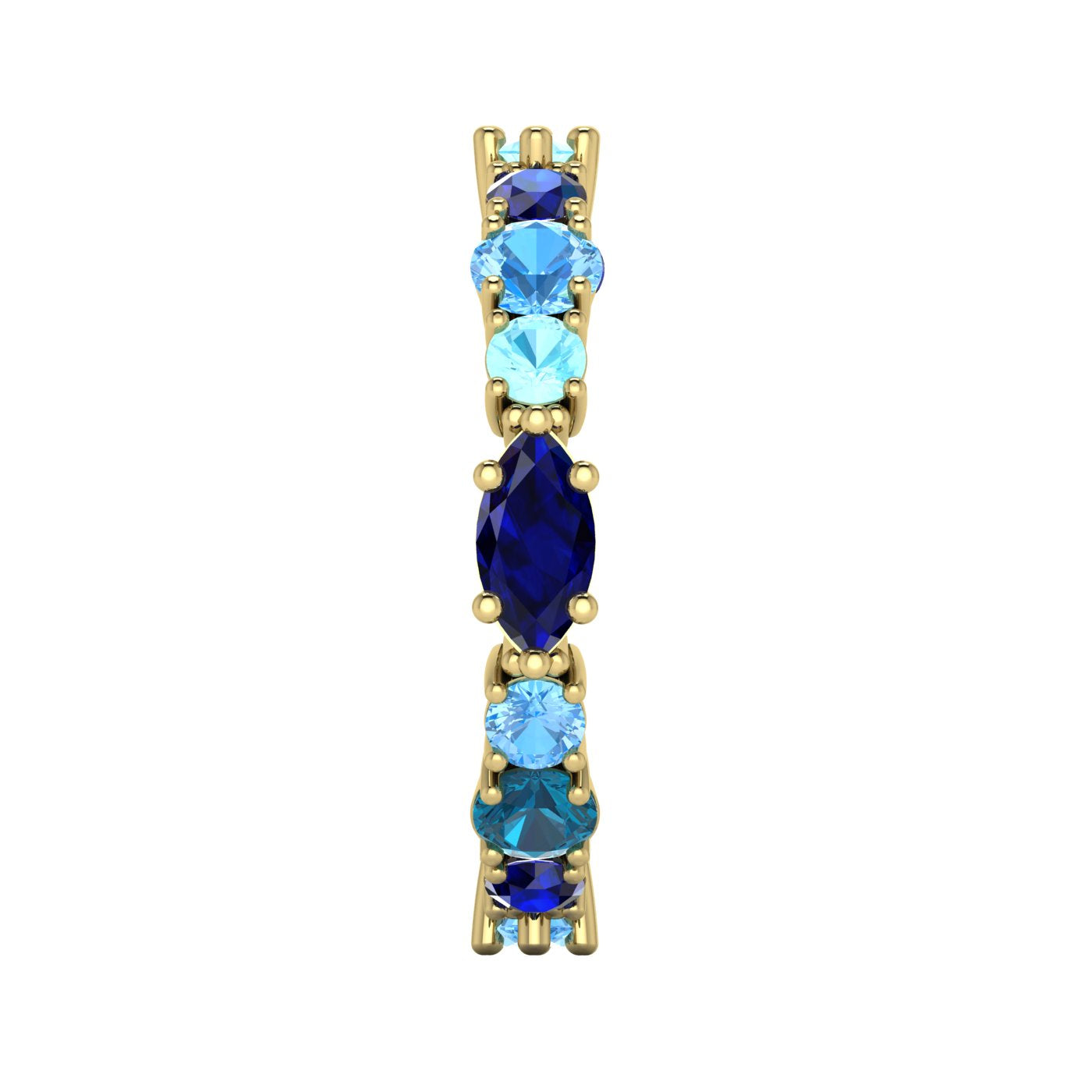 Side profile of the True Blue eternity band showing the yellow gold claw settings and the varying heights of the blue gemstones.