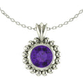 Silver pendant with a purple amethyst gemstone on a white background