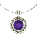 Silver pendant with a purple amethyst gemstone on a white background