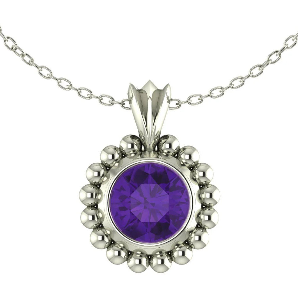 Silver pendant with a purple amethyst gemstone on a white background