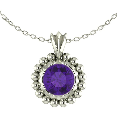Silver pendant with a purple amethyst gemstone on a white background