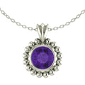 Alto Majestic amethyst and recycled silver pendant on white background, front view showing vivid violet brilliant-cut stone and large millgrain beaded border on a trace chain