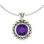 Alto Majestic amethyst and recycled silver pendant on white background, front view showing vivid violet brilliant-cut stone and large millgrain beaded border on a trace chain