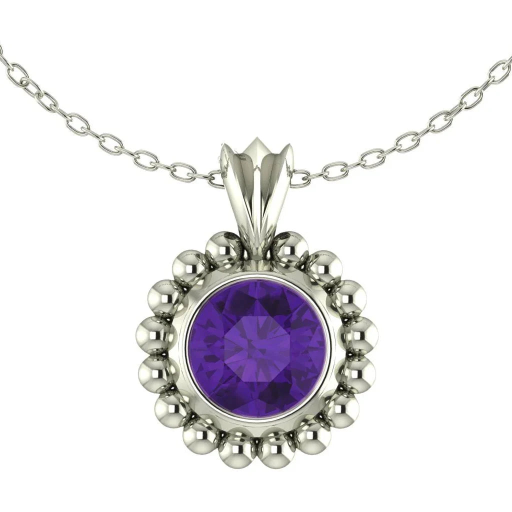 Alto Majestic amethyst and recycled silver pendant on white background, front view showing vivid violet brilliant-cut stone and large millgrain beaded border on a trace chain