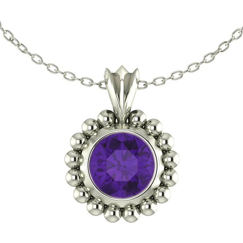 Alto Majestic amethyst and recycled silver pendant on white background, front view showing vivid violet brilliant-cut stone and large millgrain beaded border on a trace chain