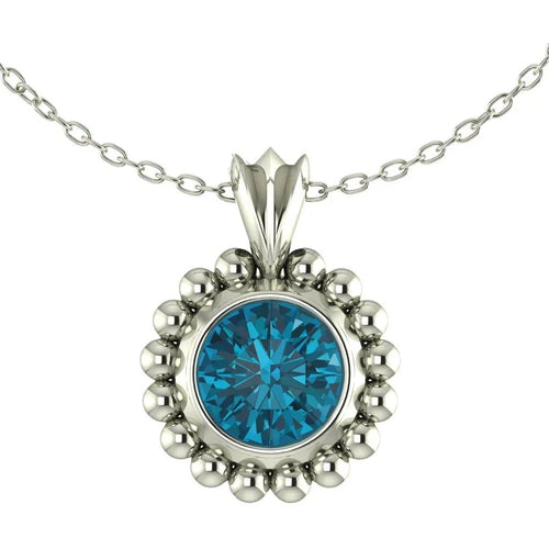 A front-facing view of the Alto Majestic pendant, featuring a round, brilliant-cut London Blue Topaz gemstone set within a high-polished recycled silver geometric frame.