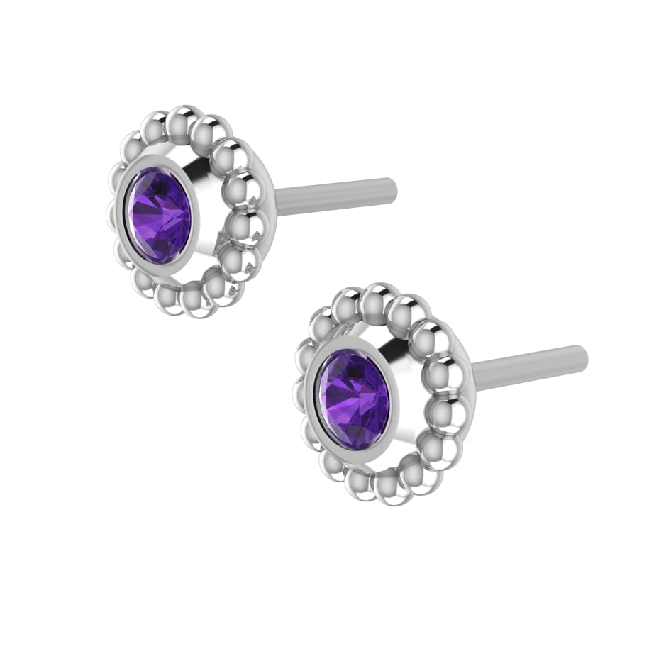 Side view of a silver amethyst stud earring showing the setting depth and polished sterling silver post.