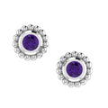 Front view of sterling silver Alto stud earrings featuring vibrant purple amethyst gemstones and textured millgrain borders.