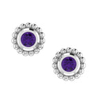Front view of sterling silver Alto stud earrings featuring vibrant purple amethyst gemstones and textured millgrain borders.
