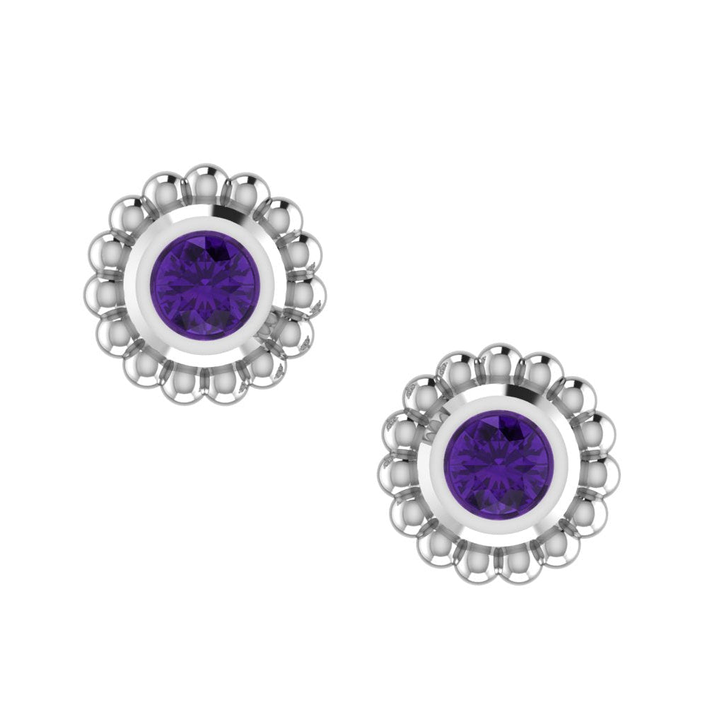 Front view of sterling silver Alto stud earrings featuring vibrant purple amethyst gemstones and textured millgrain borders.