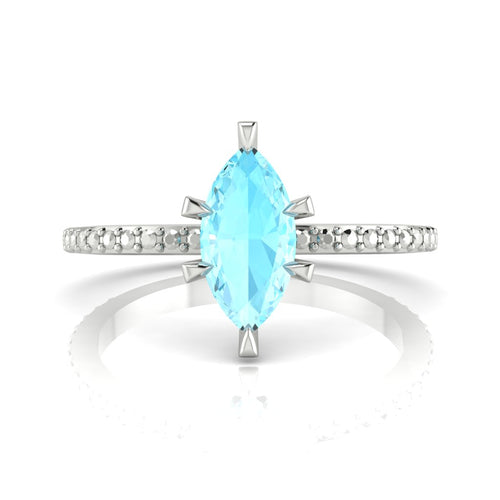 Profile view of the Amoret engagement ring showing the elegant silhouette of the central marquise aquamarine and low-profile setting.