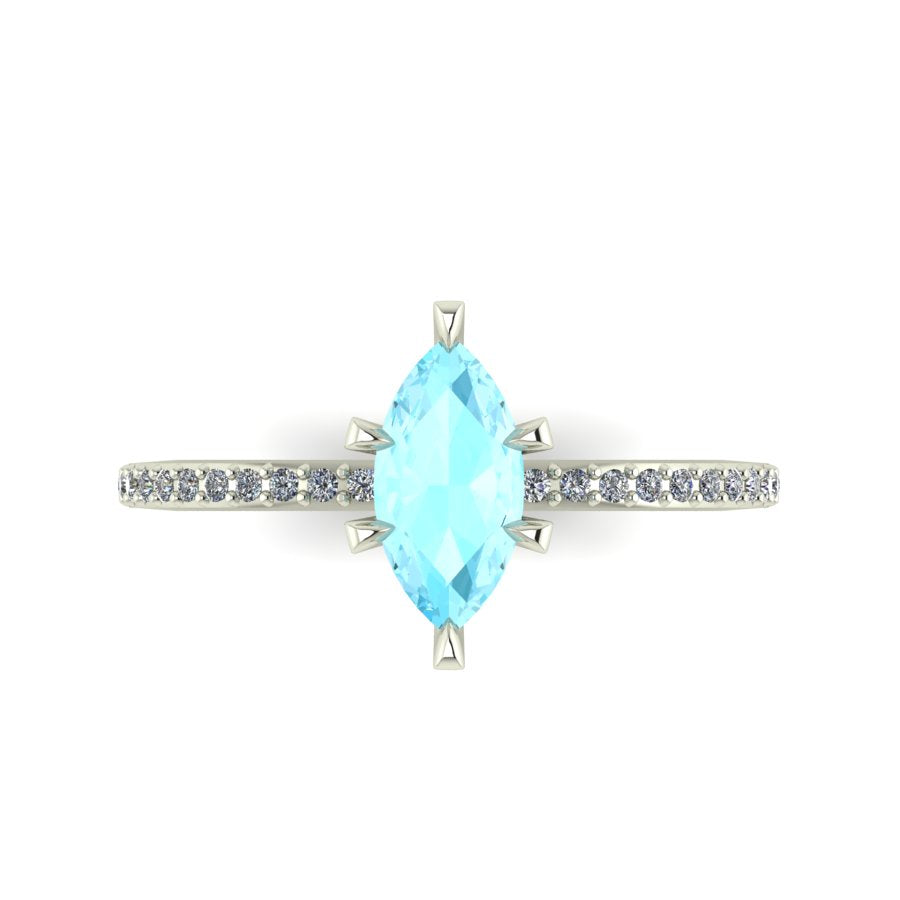 Top-down view of the Amoret ring showing the symmetrical marquise aquamarine and the sparkle of the brilliant-cut diamond shoulders.