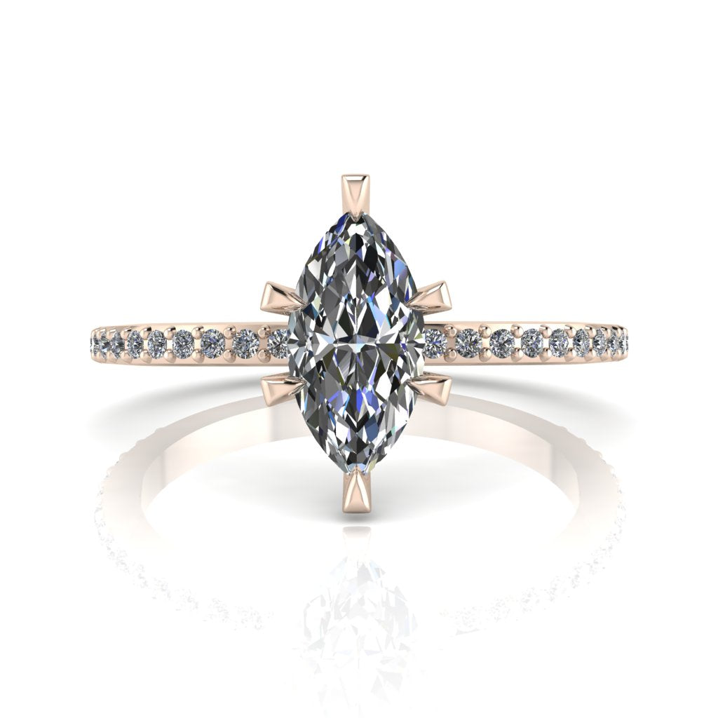 Profile view of the Amoret diamond ring in 18ct rose gold showing the elegant marquise silhouette and low-set diamond shoulders.
