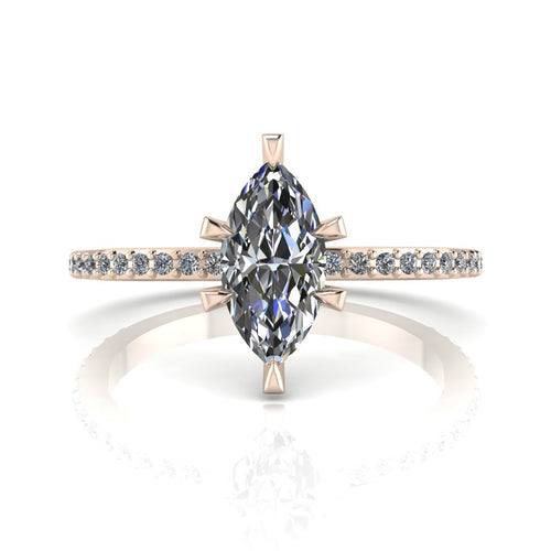 Profile view of the Amoret diamond ring in 18ct rose gold showing the elegant marquise silhouette and low-set diamond shoulders.