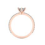 A through-finger view of the Amoret diamond ring showing the internal rose gold band and the clean setting symmetry.