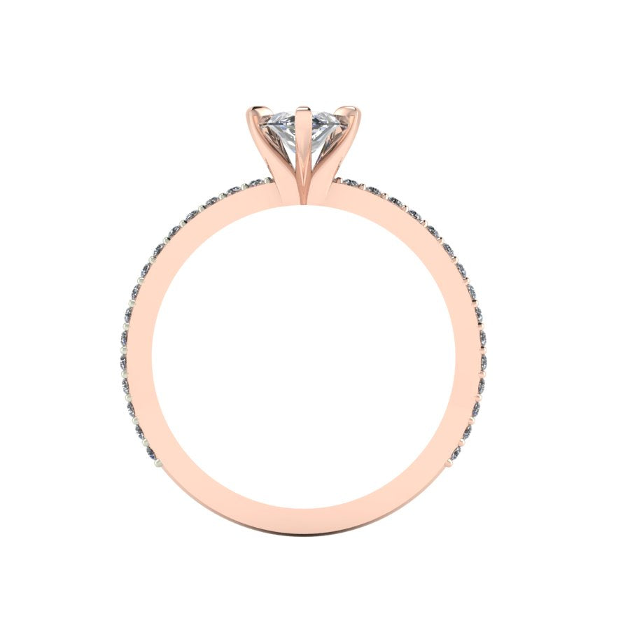 A through-finger view of the Amoret diamond ring showing the internal rose gold band and the clean setting symmetry.