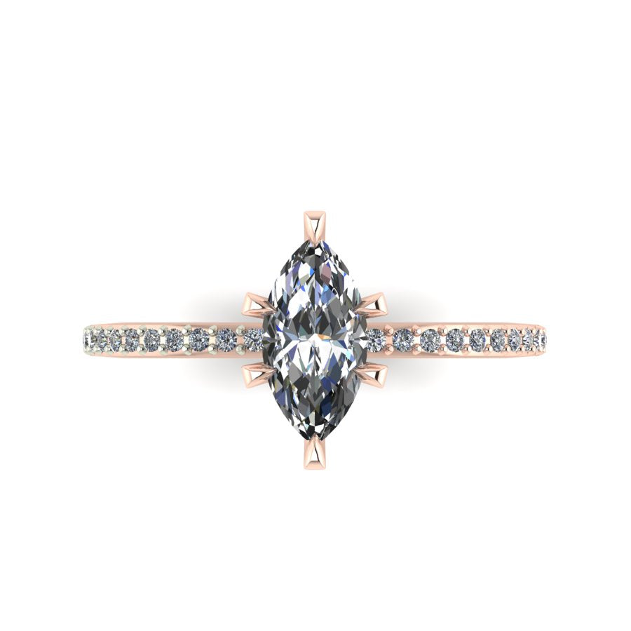Top-down view of the Amoret engagement ring showing the symmetrical marquise diamond and the sparkle of the diamond-set band.