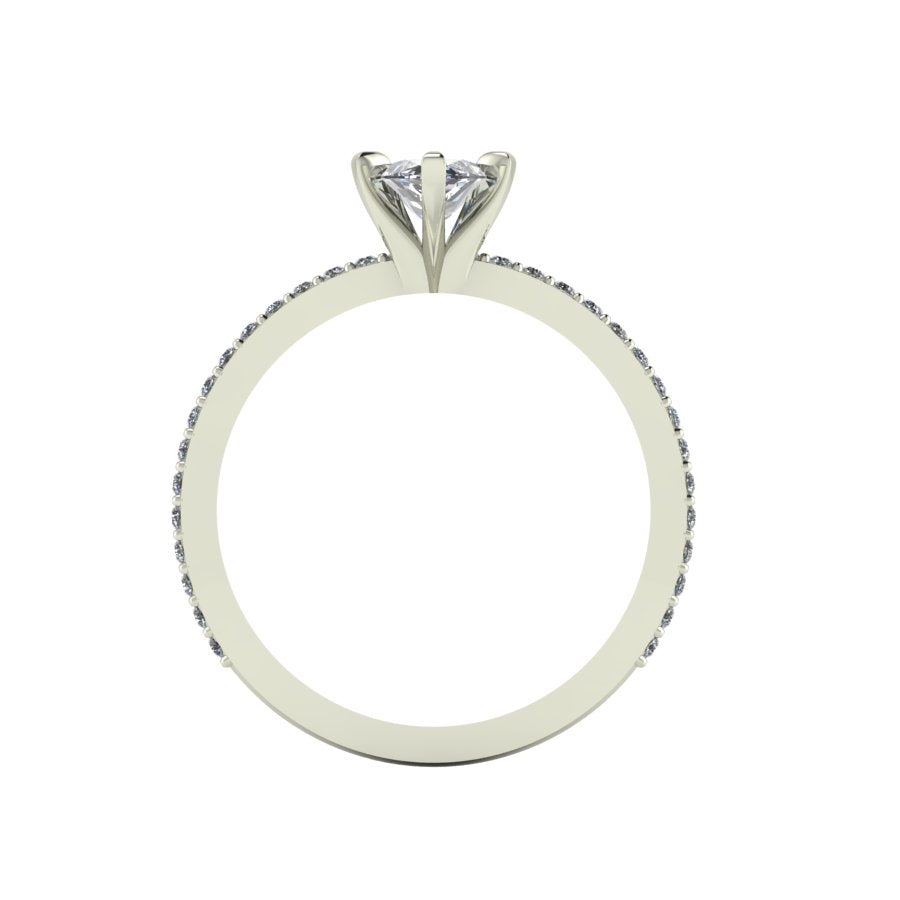 A through-finger view of the Amoret diamond solitaire showing the internal band finish and the clean, open-back setting.