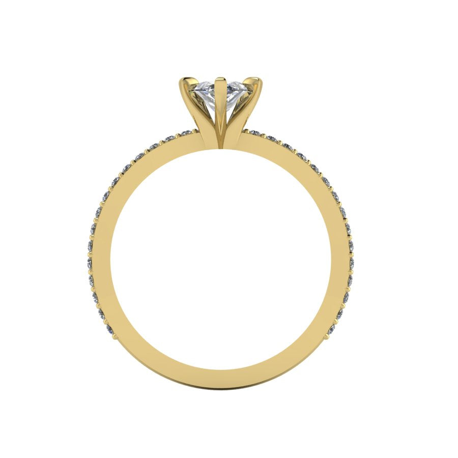 A through-finger view of the Amoret diamond ring showing the internal yellow gold band and the clean setting symmetry.