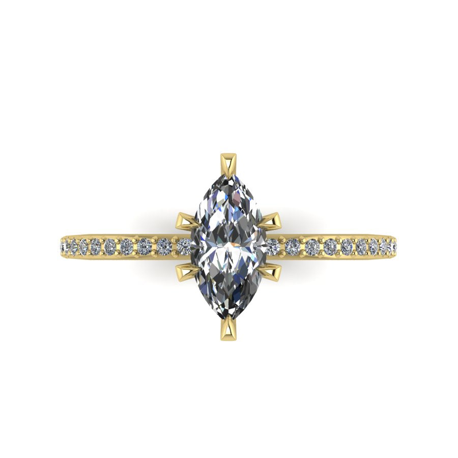 Top-down view of the Amoret engagement ring showing the symmetrical marquise diamond and the golden diamond-set band.