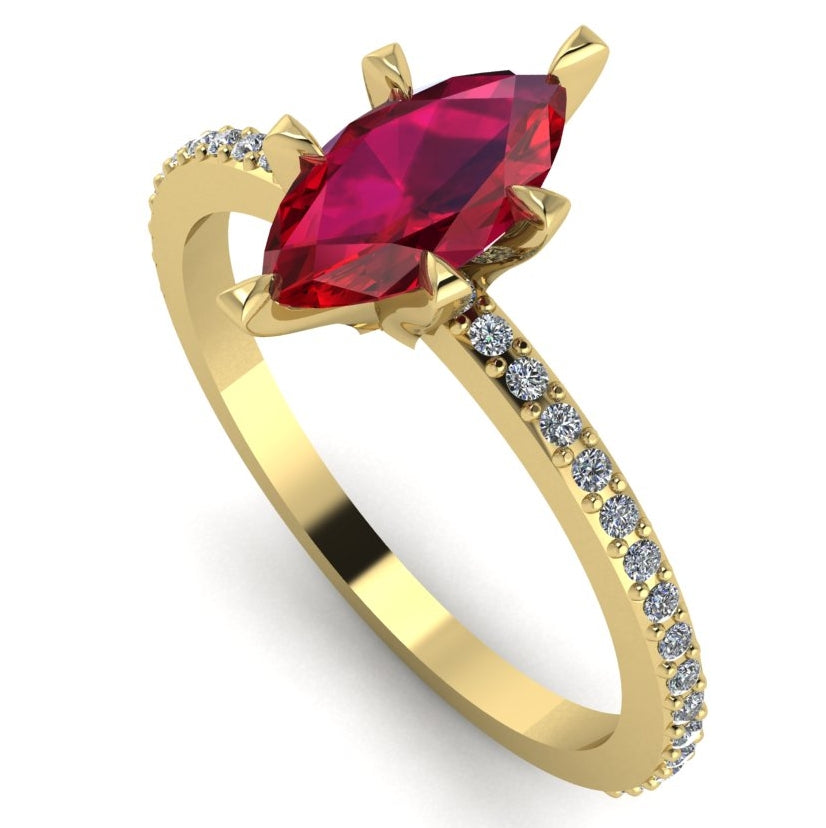 Profile view of the Amoret ruby ring in 18ct yellow gold showing the elegant marquise silhouette and grain-set diamond shoulders.