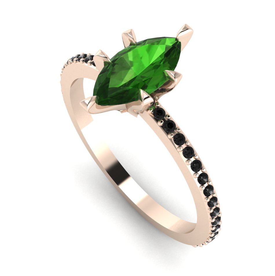 Angled profile view of the Amoret green tourmaline ring in 18ct rose gold showing the marquise silhouette and grain-set black diamond shoulders.