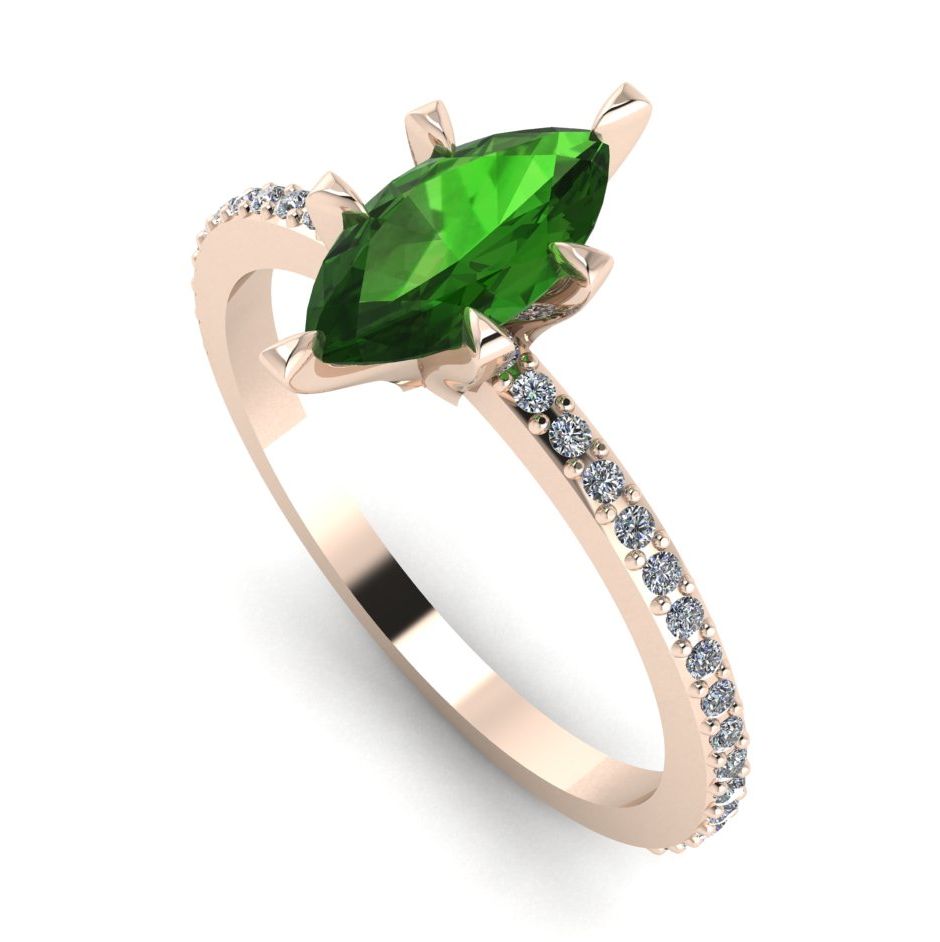 Angled profile view of the Amoret green tourmaline ring in 18ct rose gold showing the elegant marquise silhouette and grain-set diamond shoulders.