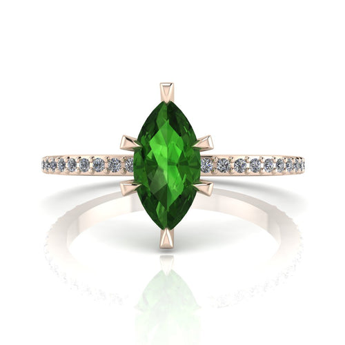 Front profile view of the Amoret green tourmaline ring in 18ct rose gold showing the elegant marquise silhouette and grain-set diamond shoulders.