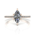 Profile view of the Amoret lab-grown diamond ring in 18ct rose gold showing the elegant marquise silhouette and grain-set shoulders.