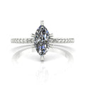 Profile view of the Amoret lab-grown diamond ring in 18ct white gold or platinum showing the architectural marquise silhouette and grain-set shoulders.