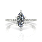 Profile view of the Amoret lab-grown diamond ring in 18ct white gold or platinum showing the architectural marquise silhouette and grain-set shoulders.