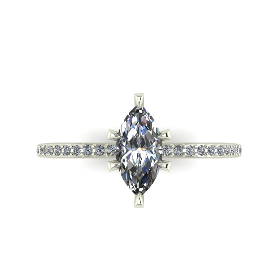 Top-down view of the Amoret engagement ring showing the symmetrical marquise lab diamond and the diamond-set white gold or platinum band.