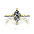 Profile view of the Amoret lab-grown diamond ring in 18ct yellow gold showing the architectural marquise silhouette and grain-set shoulders.