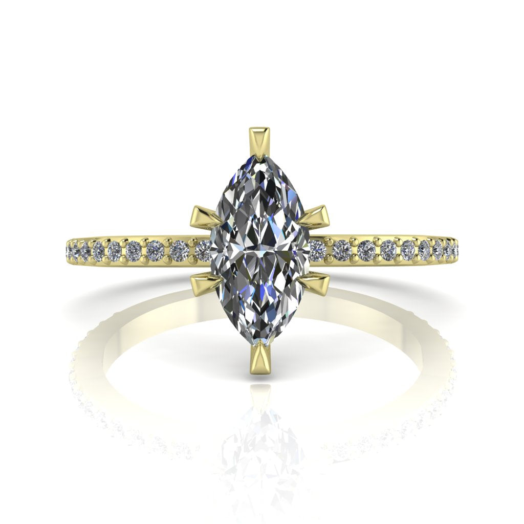Profile view of the Amoret lab-grown diamond ring in 18ct yellow gold showing the architectural marquise silhouette and grain-set shoulders.