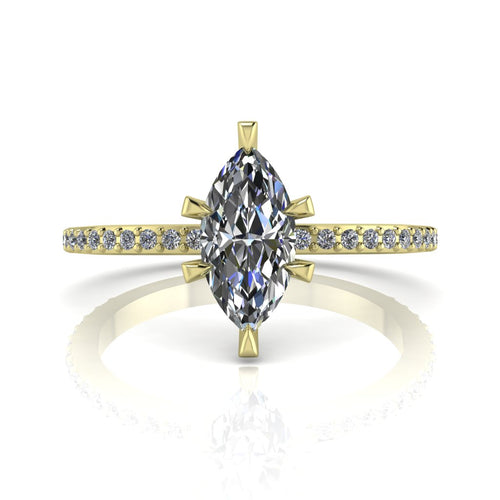 Profile view of the Amoret lab-grown diamond ring in 18ct yellow gold showing the architectural marquise silhouette and grain-set shoulders.